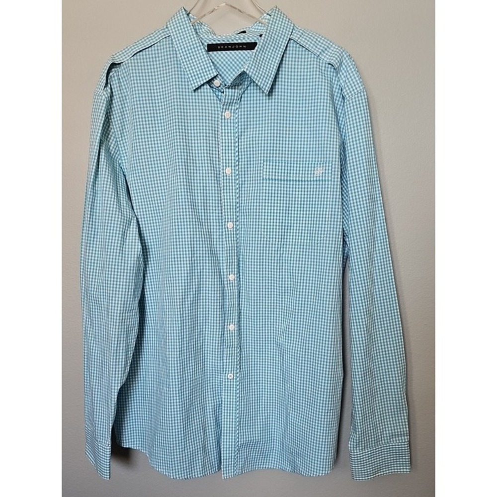 Sean John Tailored Fit Y2K Gingham Check Button Down Shirt 3XL Turquoise White